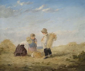 Enfants à la récolte de foin et de céréales